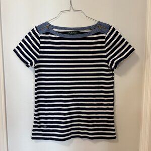 Lauren Ralph Lauren Striped Tee Sz Large Nautical Stripe Zipper Shoulders